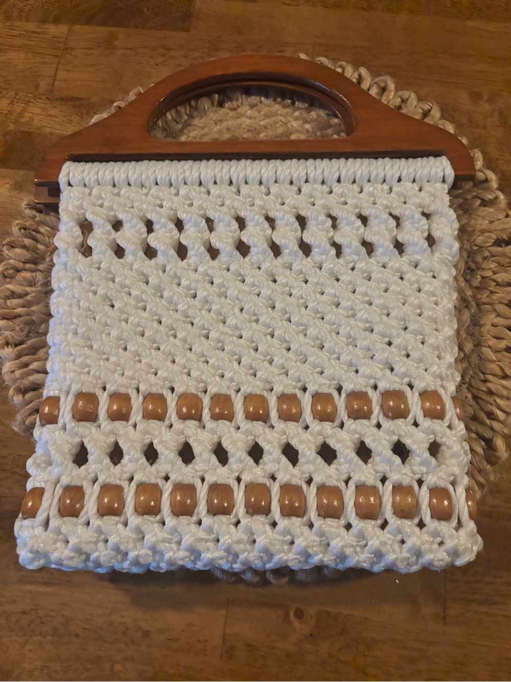Cream Macramé Shoulder Bag with Wooden Handles